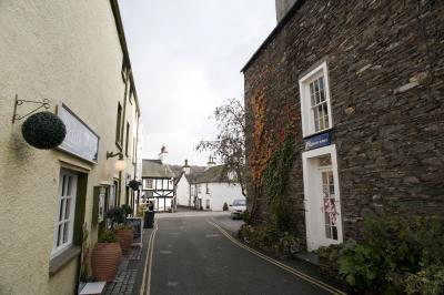 Narrow street in Hawkshead village, Cumbria