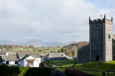 Old stone church and cottages in Hawkshead