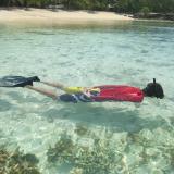 Man snorkeling in cyan waters