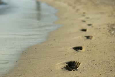 Footprints in wet beach sand